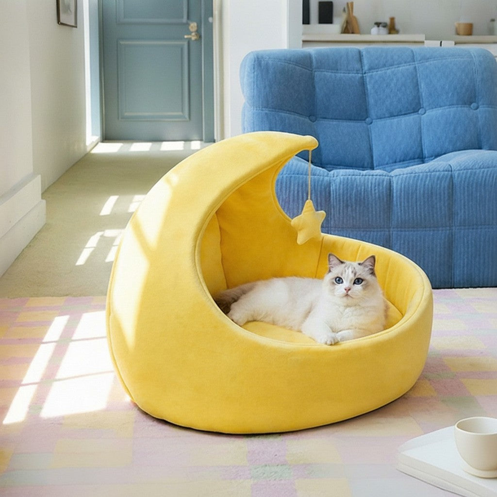 Crescent Moon Cat Bed in Soft Brushed Cloth detail