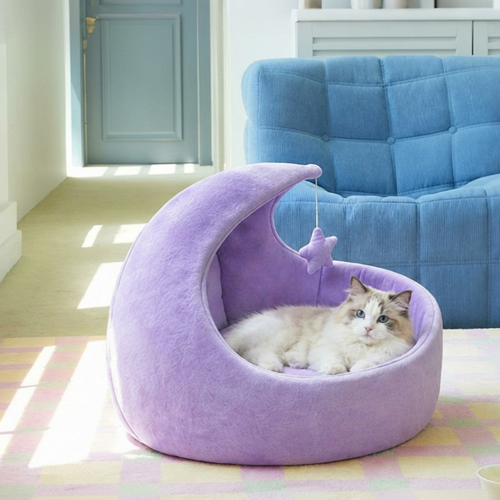 Crescent Moon Cat Bed in Soft Brushed Cloth detail