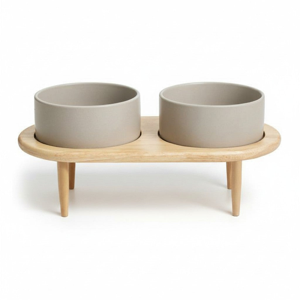 Elevated Ceramic Pet Bowl with Wood Stand detail
