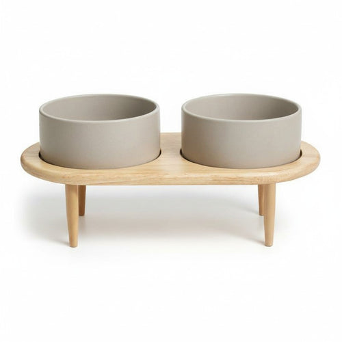 Elevated Ceramic Pet Bowl with Wood Stand detail