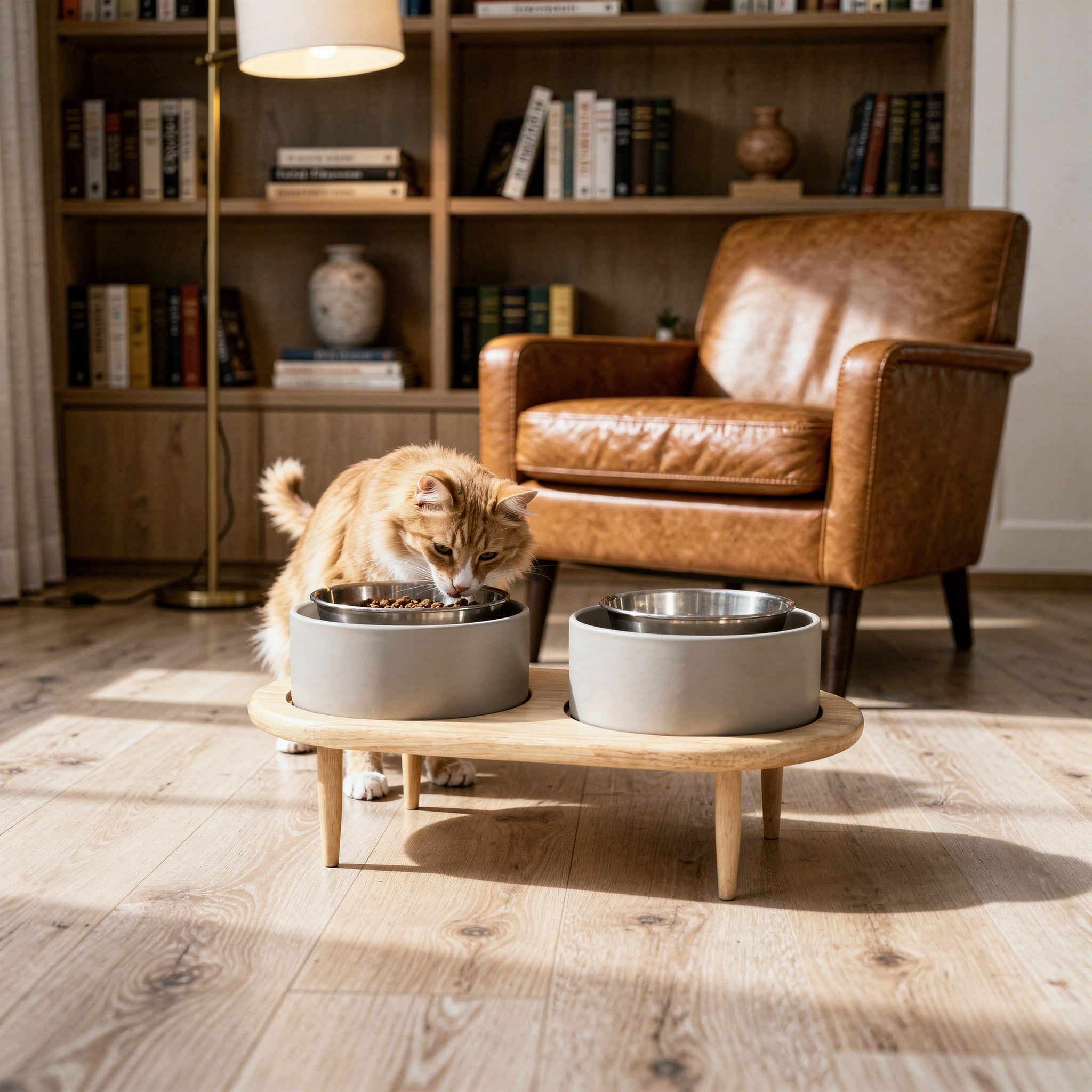 Elevated Ceramic Pet Bowl with Wood Stand