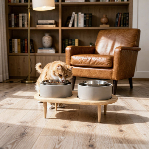 Elevated Ceramic Pet Bowl with Wood Stand