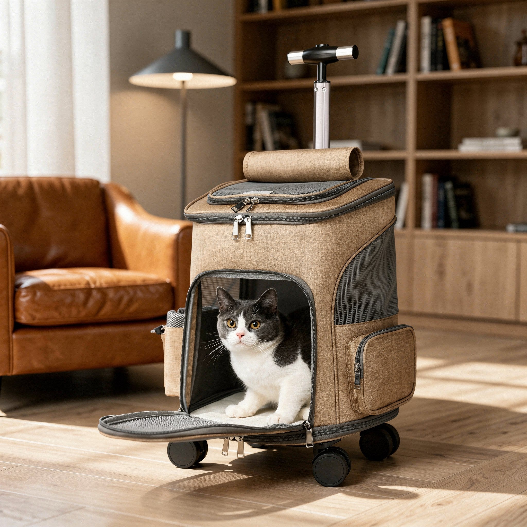 Folding Trolley Pet Carrier Backpack with Universal Wheels